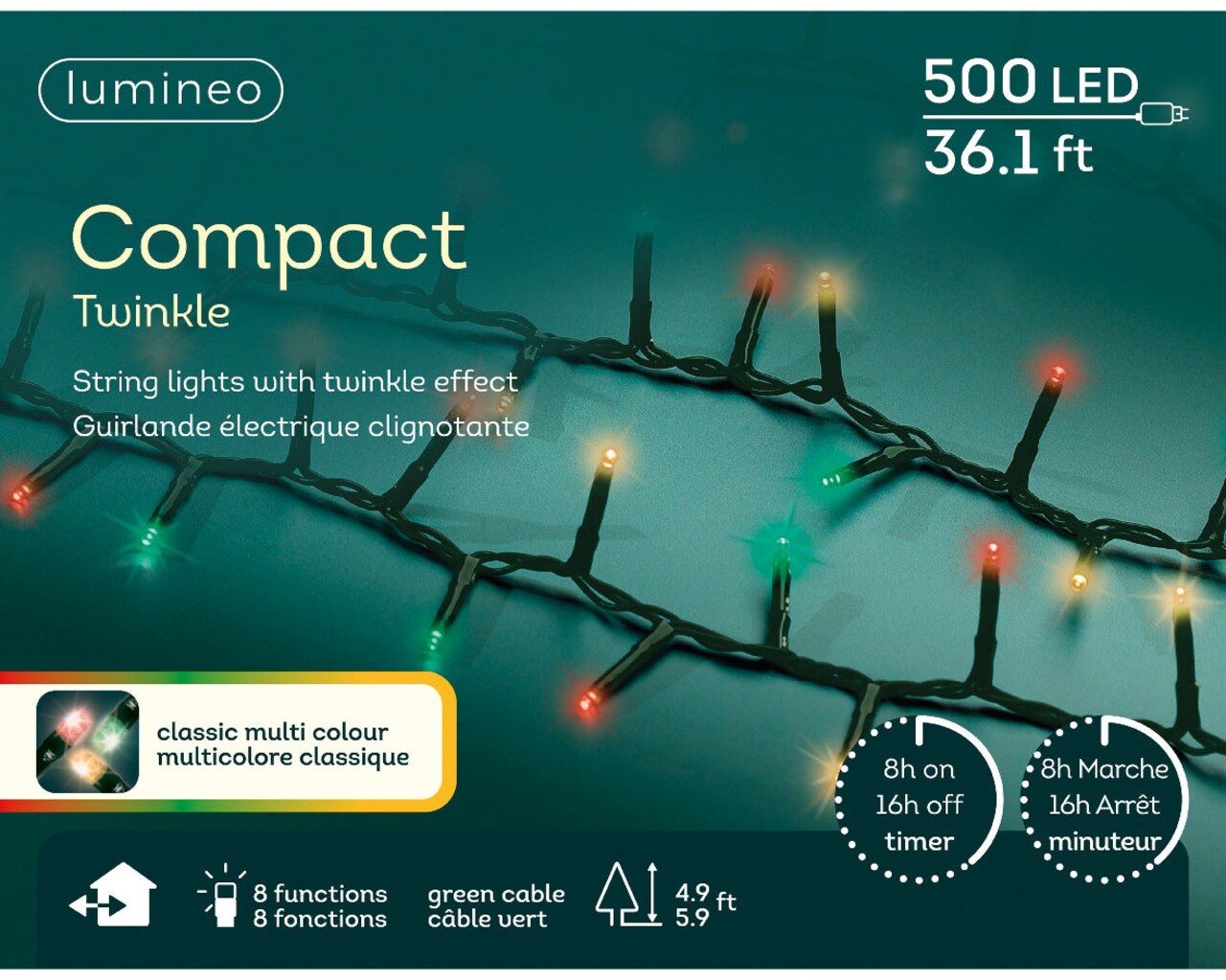 LED Twinkle Stringlight - 500 Lights - Multicolor - Green Wire